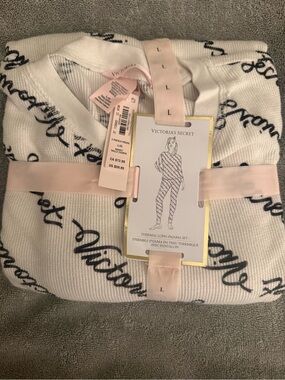 Victoria's Secret White Thermal Pajama Set with Black Script